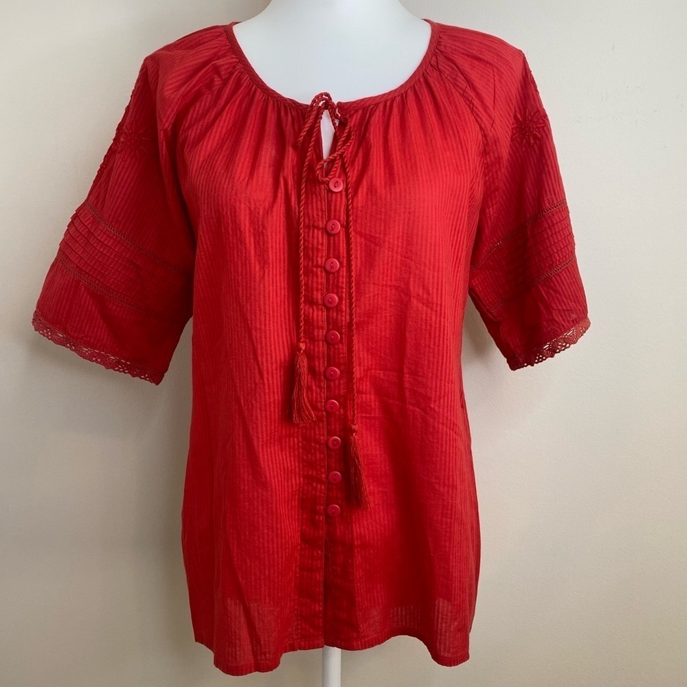 April Cornell Poppy Embroidered Tassel Short Sleeve buttoned Down Blouse… - Picture 1 of 13